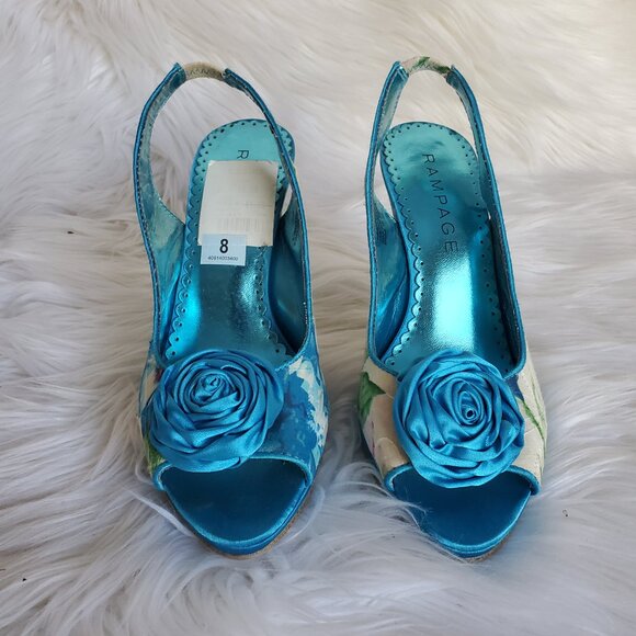 Rampage Primrose Blue Flower Print with Floral Embellishment Heels SZ 8 - Picture 4 of 14